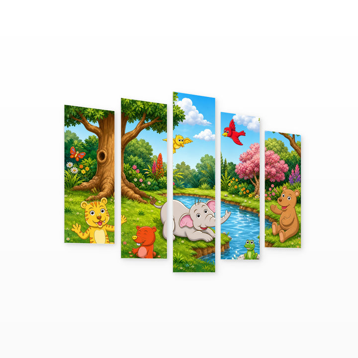 Animals in the Jungle in Vivid Color — five-panel wall art on white background in perspective | 5wallart 55884 M1
