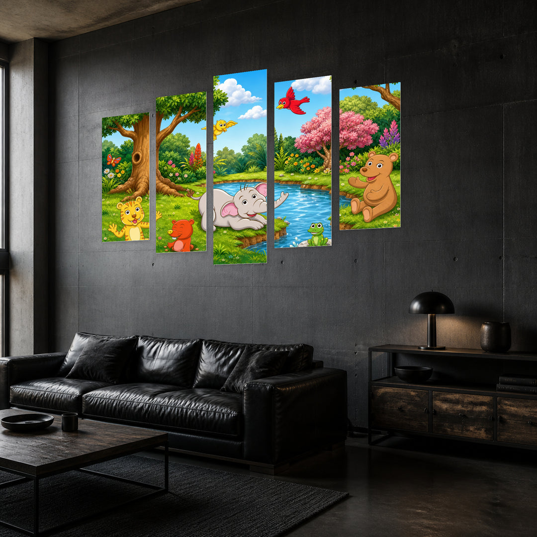 Animals in the Jungle in Vivid Color — five-panel wall art in perspective interior | 5wallart 55884 M2