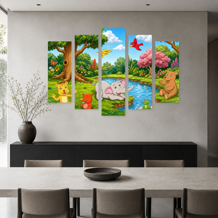 Animals in the Jungle in Vivid Color — five-panel wall art in frontal interior | 5wallart 55884 M3