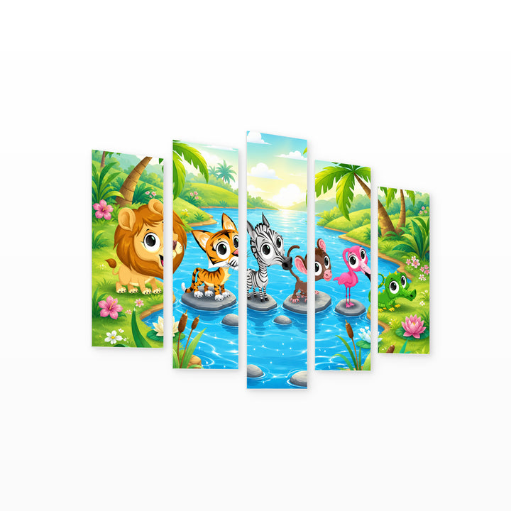 Animals by the River in Serene Light — five-panel wall art on white background in perspective | 5wallart 55885 M1