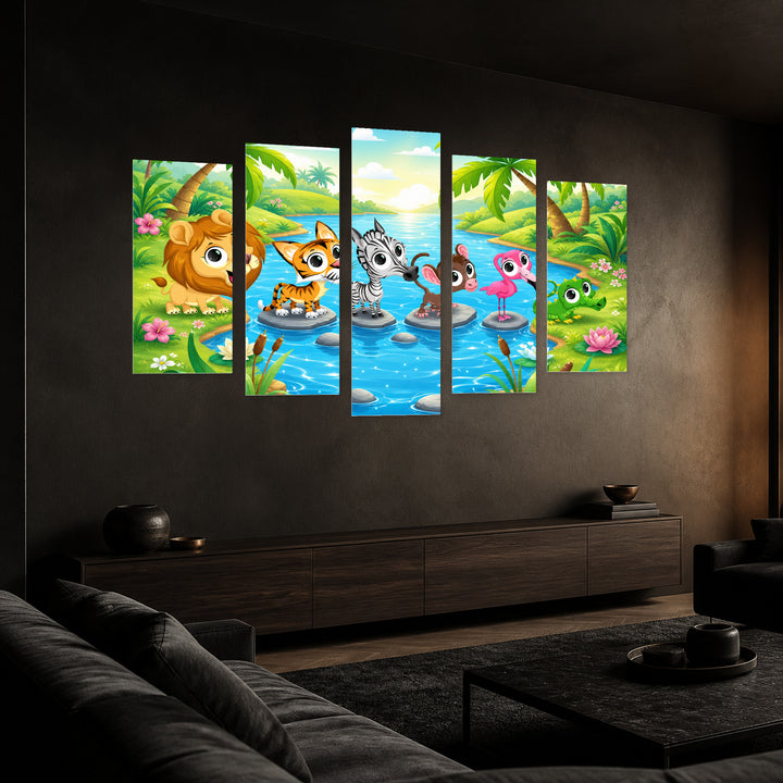Animals by the River in Serene Light — five-panel wall art in perspective interior | 5wallart 55885 M2