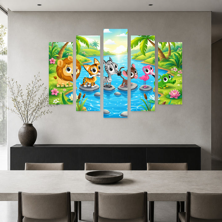 Animals by the River in Serene Light — five-panel wall art in alternate frontal interior | 5wallart 55885 M4