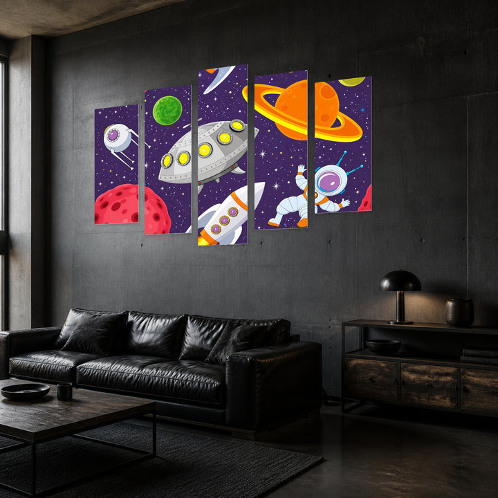 An Astronaut with Geometric Rhythm — five-panel wall art in perspective interior | 5wallart 55886 M2