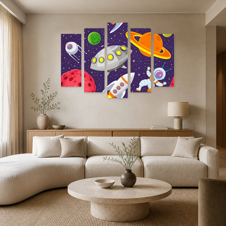 An Astronaut with Geometric Rhythm — five-panel wall art in alternate frontal interior | 5wallart 55886 M4