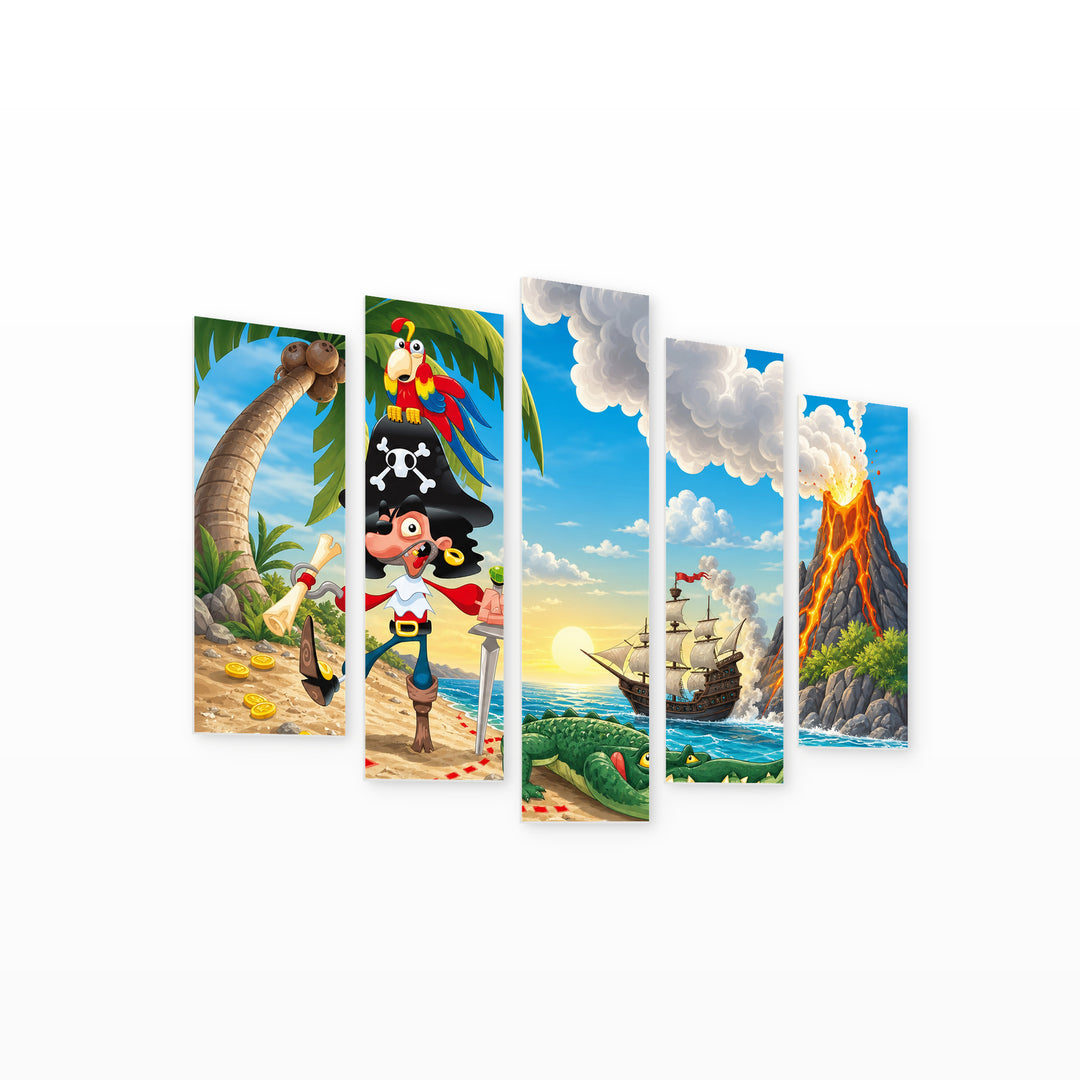 Pirate on an Island in Blue and Gold — five-panel wall art on white background in perspective | 5wallart 55887 M1