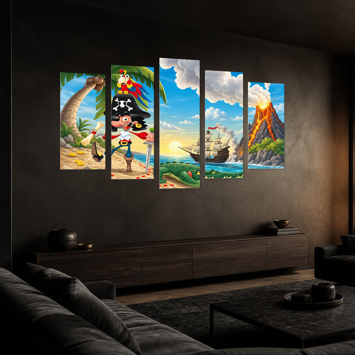 Pirate on an Island in Blue and Gold — five-panel wall art in perspective interior | 5wallart 55887 M2
