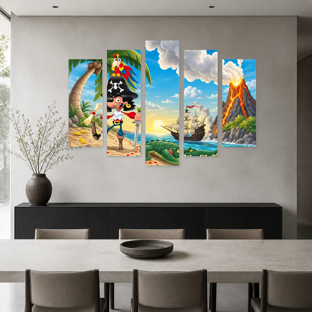 Pirate on an Island in Blue and Gold — five-panel wall art in alternate frontal interior | 5wallart 55887 M4