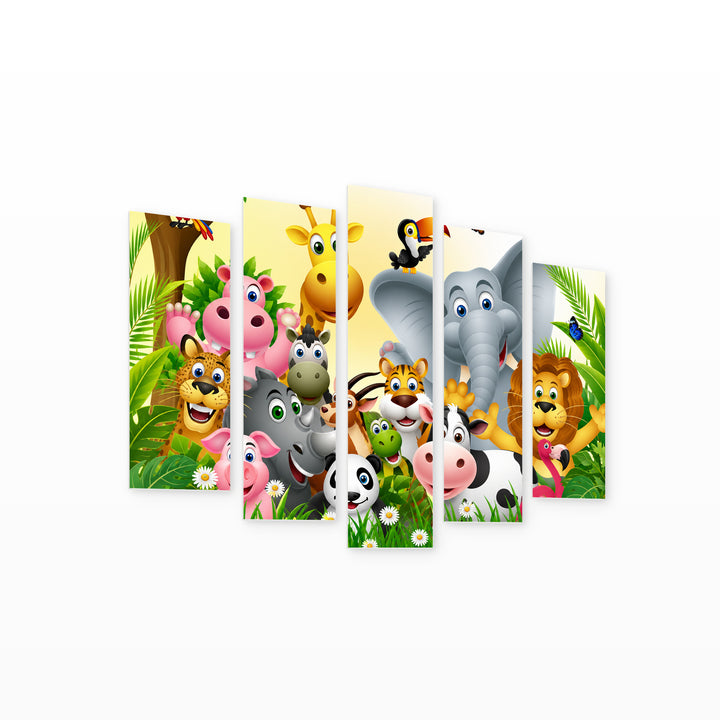 Animals in the Forest with Geometric Rhythm — five-panel wall art on white background in perspective | 5wallart 55888 M1