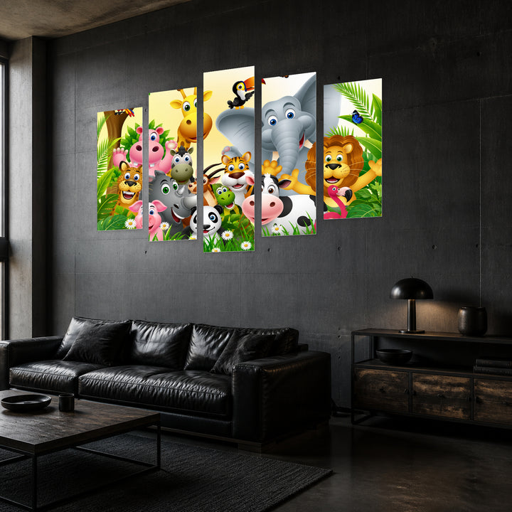 Animals in the Forest with Geometric Rhythm — five-panel wall art in perspective interior | 5wallart 55888 M2
