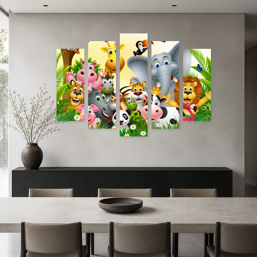 Animals in the Forest with Geometric Rhythm — five-panel wall art in frontal interior | 5wallart 55888 M3