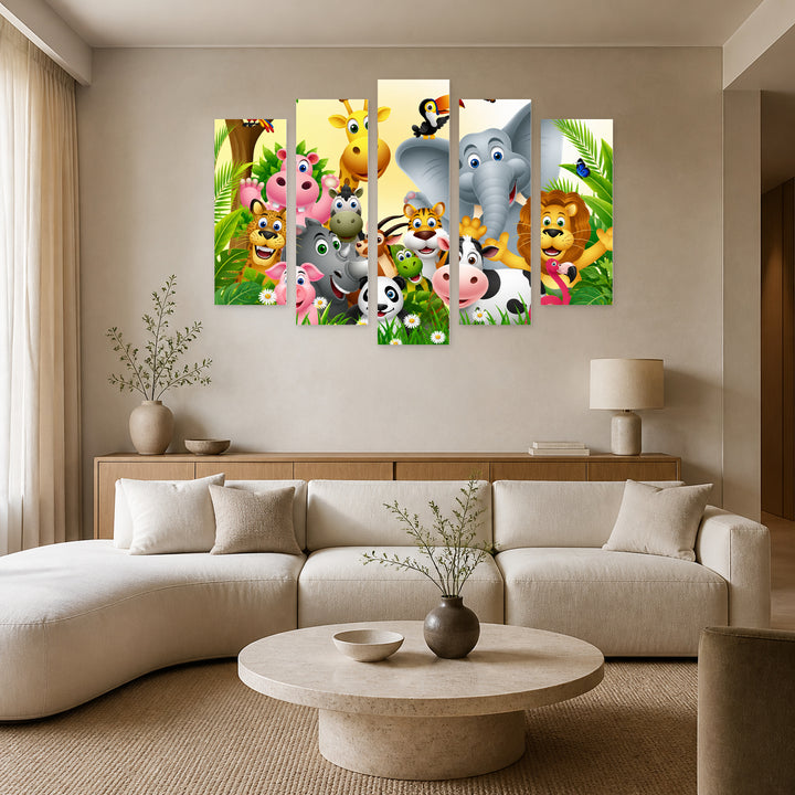 Animals in the Forest with Geometric Rhythm — five-panel wall art in alternate frontal interior | 5wallart 55888 M4