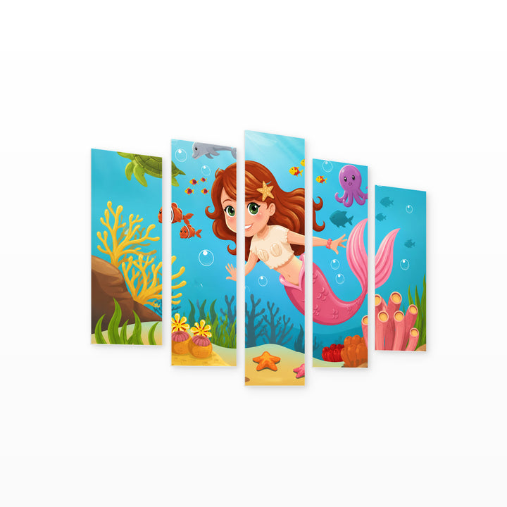 Mermaid in the Ocean with Dreamlike Atmosphere — five-panel wall art on white background in perspective | 5wallart 55889 M1