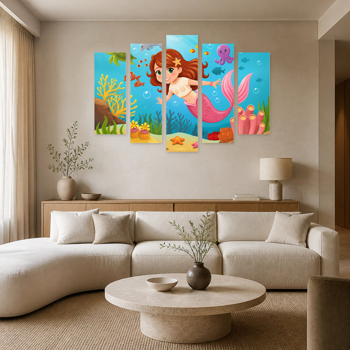 Mermaid in the Ocean with Dreamlike Atmosphere — five-panel wall art in frontal interior | 5wallart 55889 M3