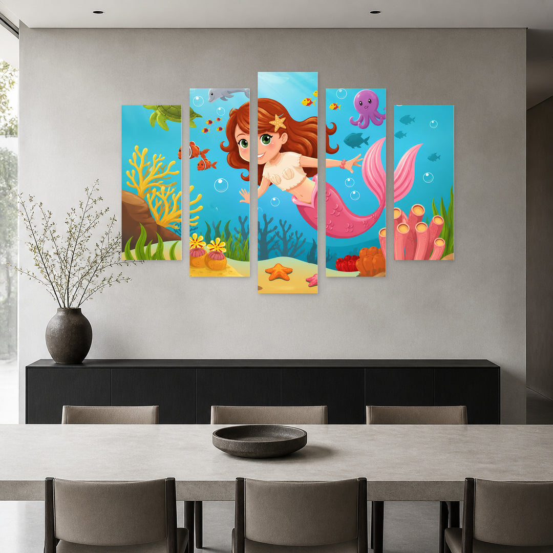 Mermaid in the Ocean with Dreamlike Atmosphere — five-panel wall art in alternate frontal interior | 5wallart 55889 M4