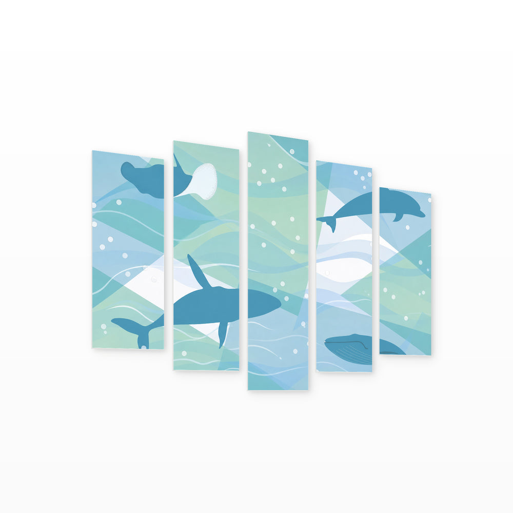 Abstract Illustration of Dolphins with Geometric Rhythm — five-panel wall art on white background in perspective | 5wallart 55890 M1