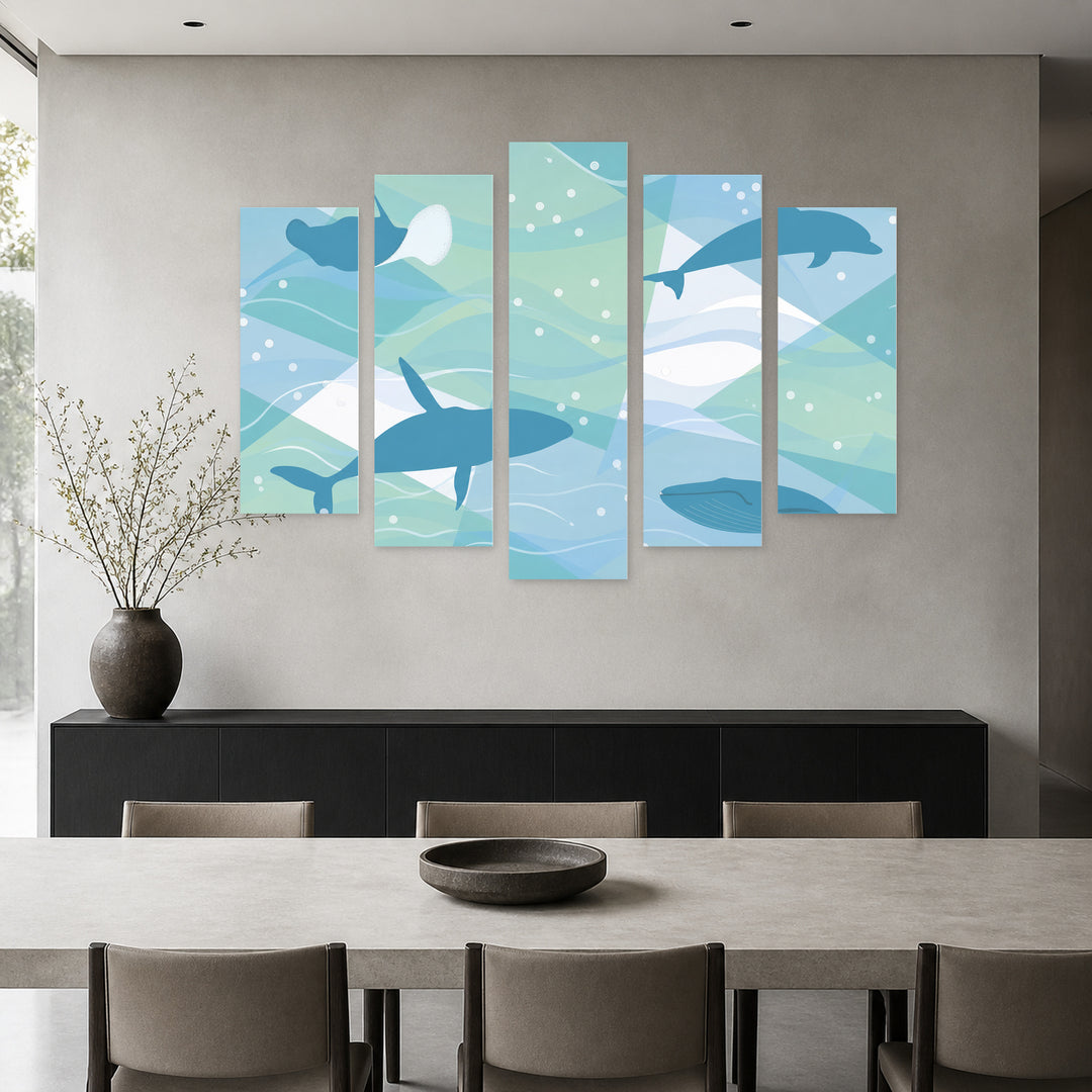 Abstract Illustration of Dolphins with Geometric Rhythm — five-panel wall art in frontal interior | 5wallart 55890 M3