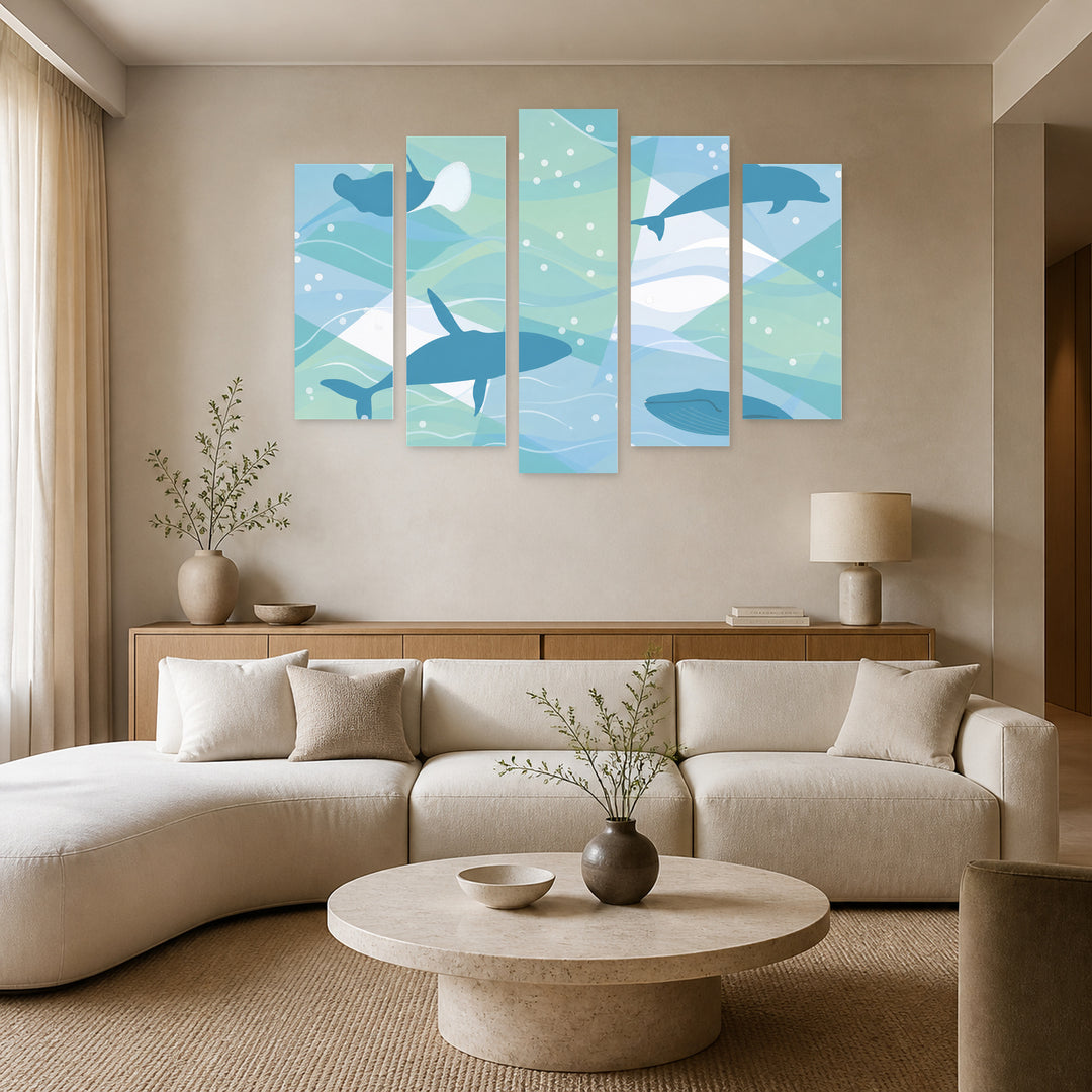 Abstract Illustration of Dolphins with Geometric Rhythm — five-panel wall art in alternate frontal interior | 5wallart 55890 M4