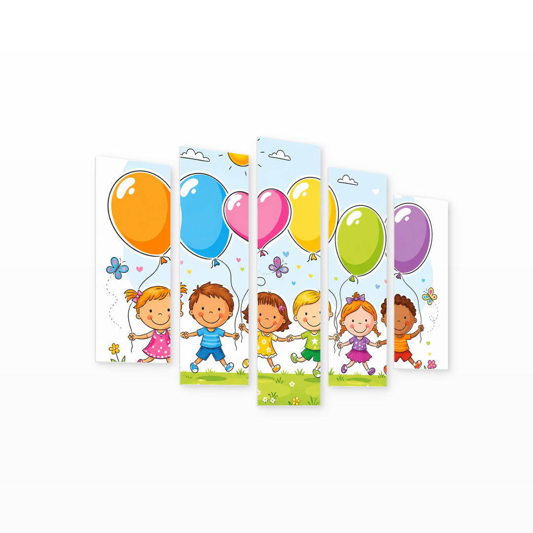 Children with Balloons Playful Illustration — five-panel wall art on white background in perspective | 5wallart 55891 M1