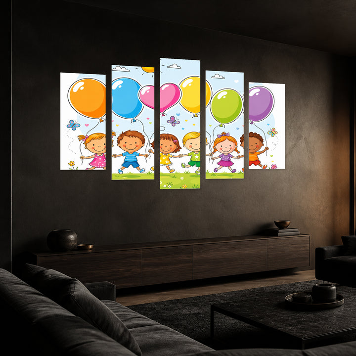 Children with Balloons Playful Illustration — five-panel wall art in perspective interior | 5wallart 55891 M2