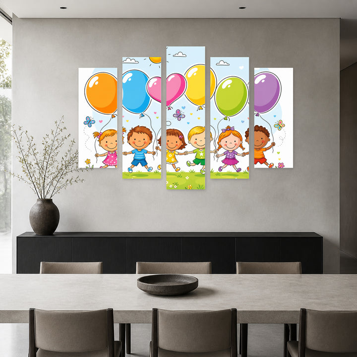 Children with Balloons Playful Illustration — five-panel wall art in alternate frontal interior | 5wallart 55891 M4