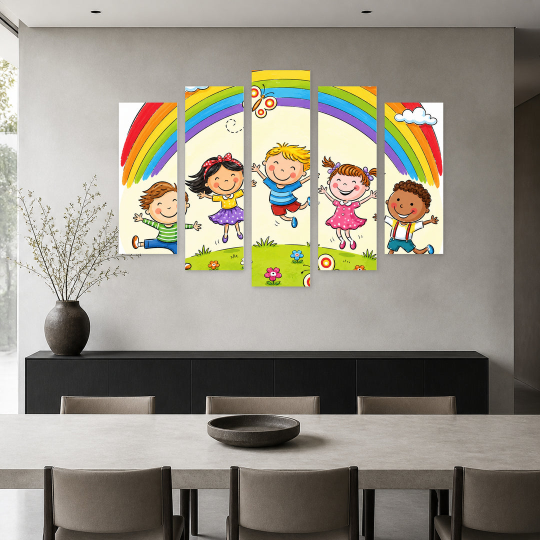 Children under a Rainbow Playful Illustration — five-panel wall art in frontal interior | 5wallart 55892 M3