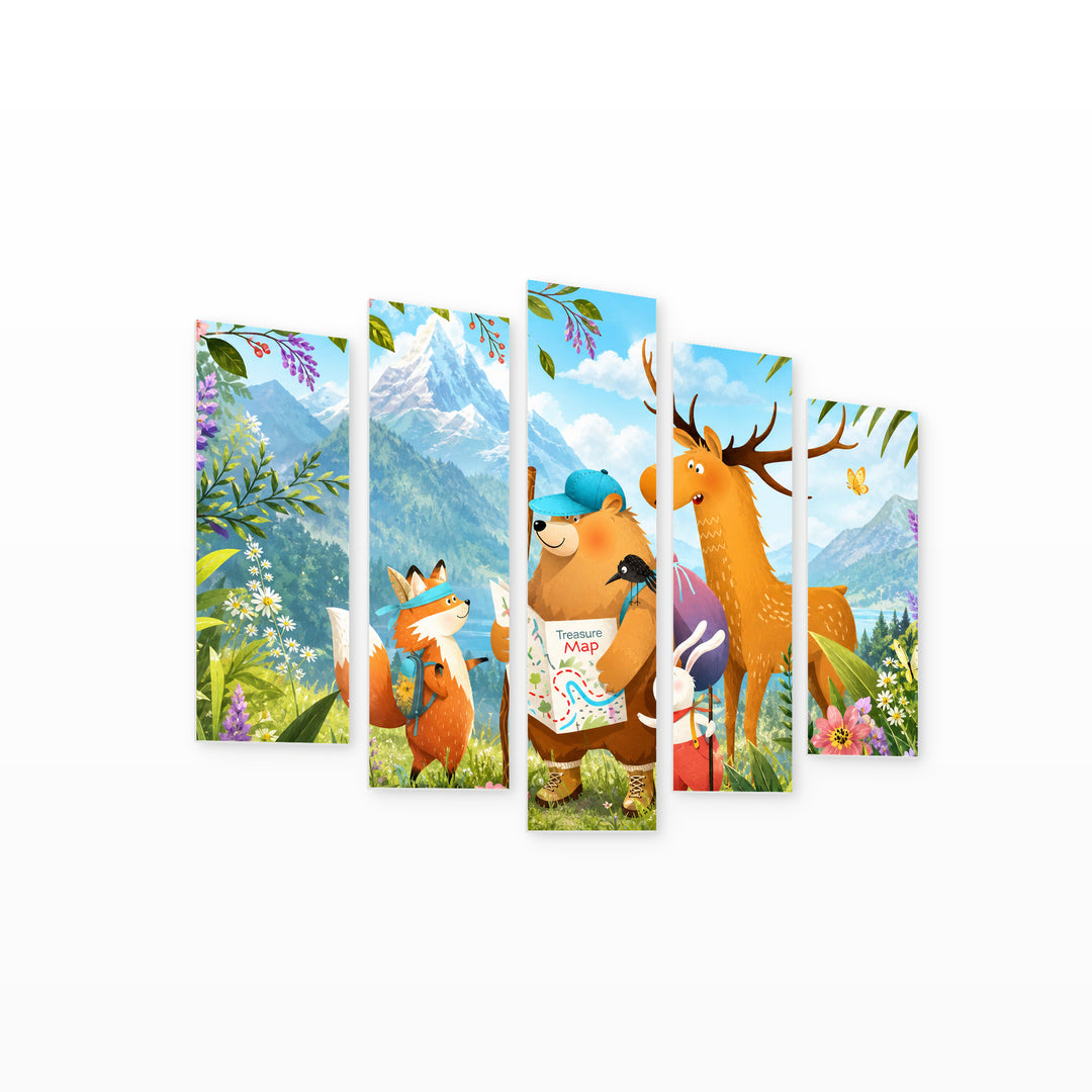 Animals on an Adventure in Vivid Color — five-panel wall art on white background in perspective | 5wallart 55894 M1
