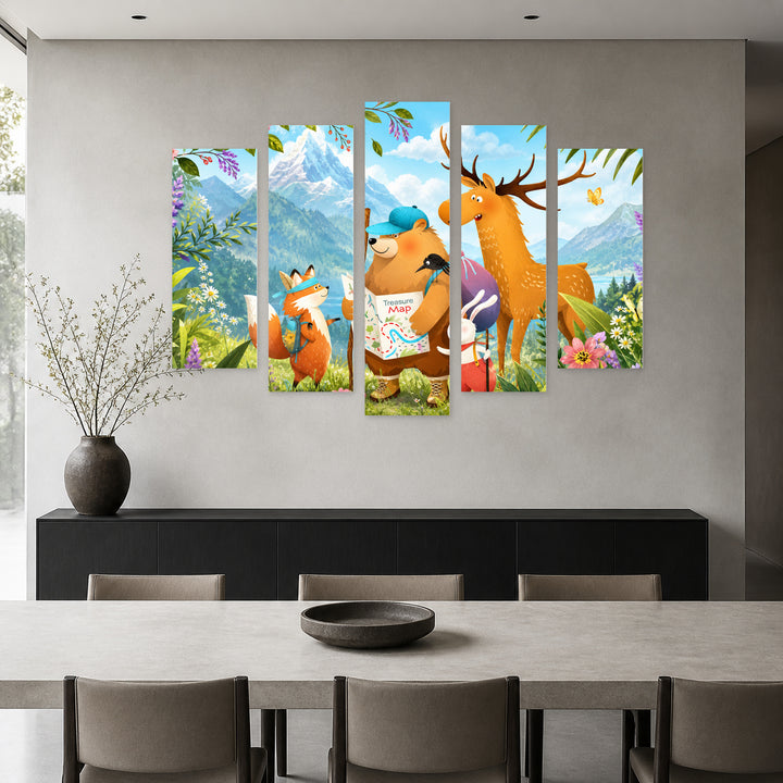 Animals on an Adventure in Vivid Color — five-panel wall art in frontal interior | 5wallart 55894 M3