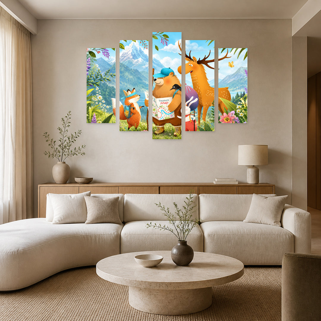 Animals on an Adventure in Vivid Color — five-panel wall art in alternate frontal interior | 5wallart 55894 M4