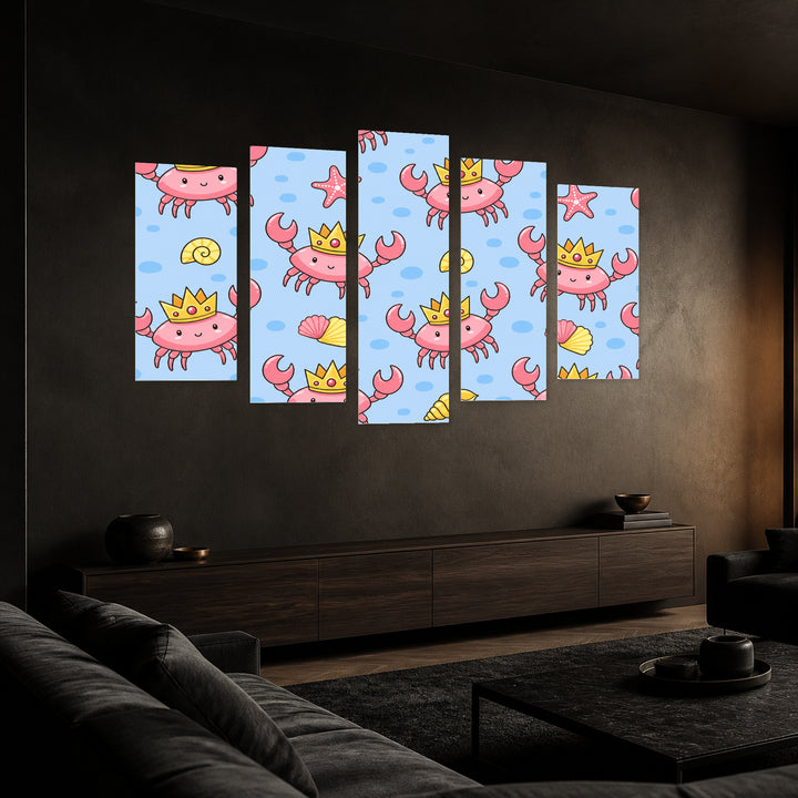 Small Smiling Crabs with Dreamlike Atmosphere — five-panel wall art in perspective interior | 5wallart 55895 M2