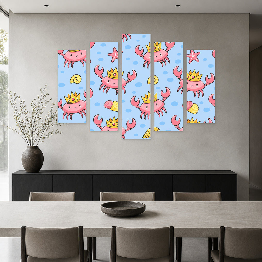 Small Smiling Crabs with Dreamlike Atmosphere — five-panel wall art in alternate frontal interior | 5wallart 55895 M4