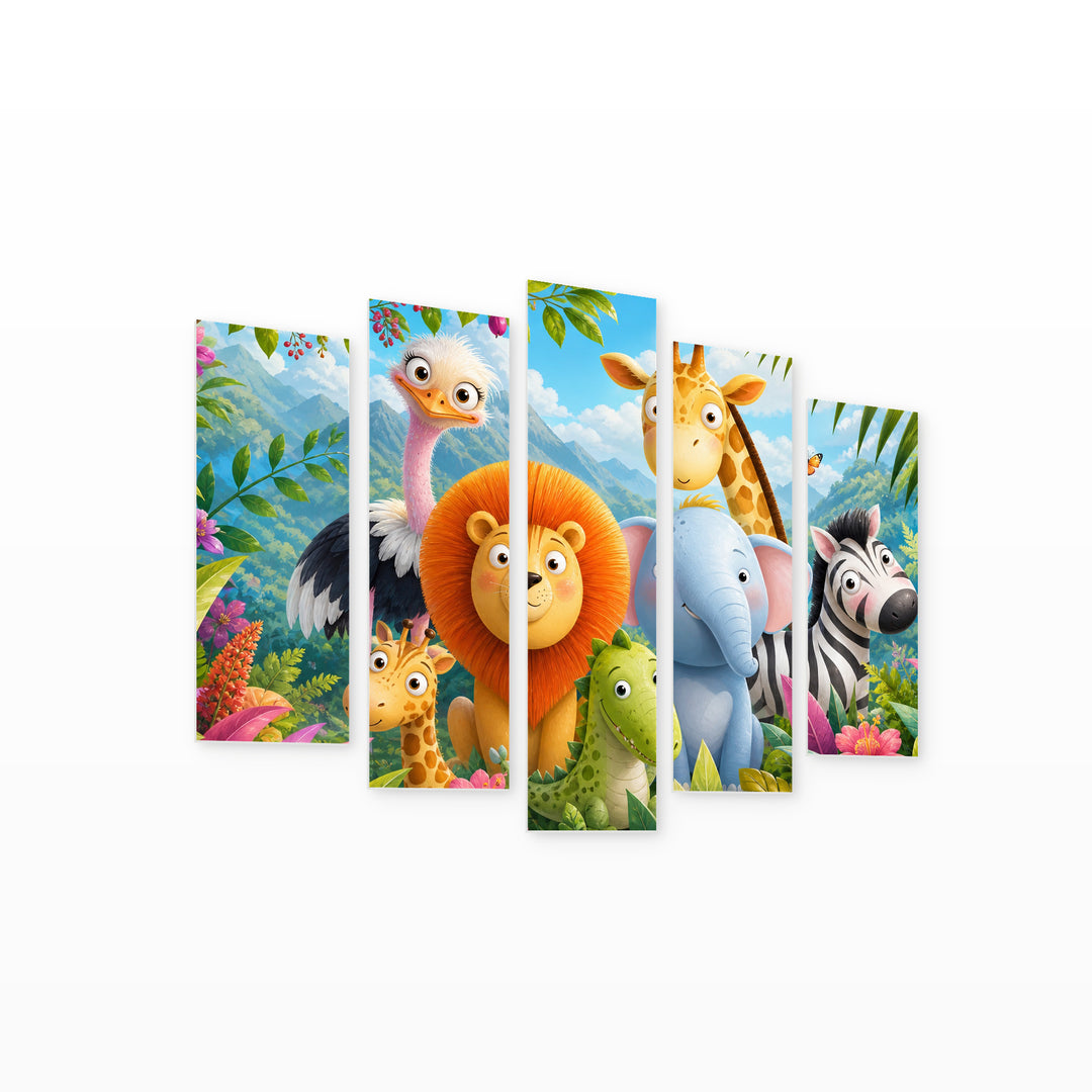 Animals in the African Jungle in Vivid Color — five-panel wall art on white background in perspective | 5wallart 55896 M1