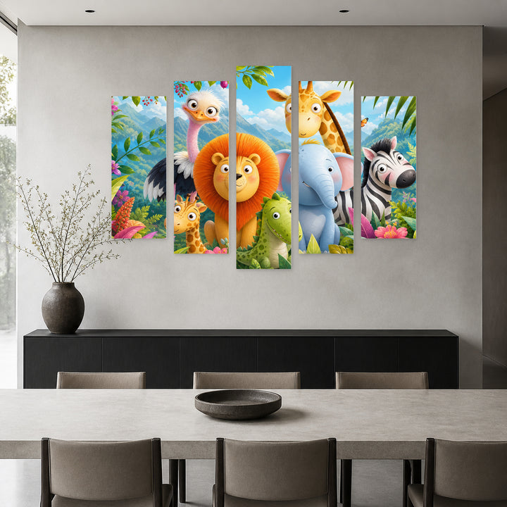 Animals in the African Jungle in Vivid Color — five-panel wall art in frontal interior | 5wallart 55896 M3