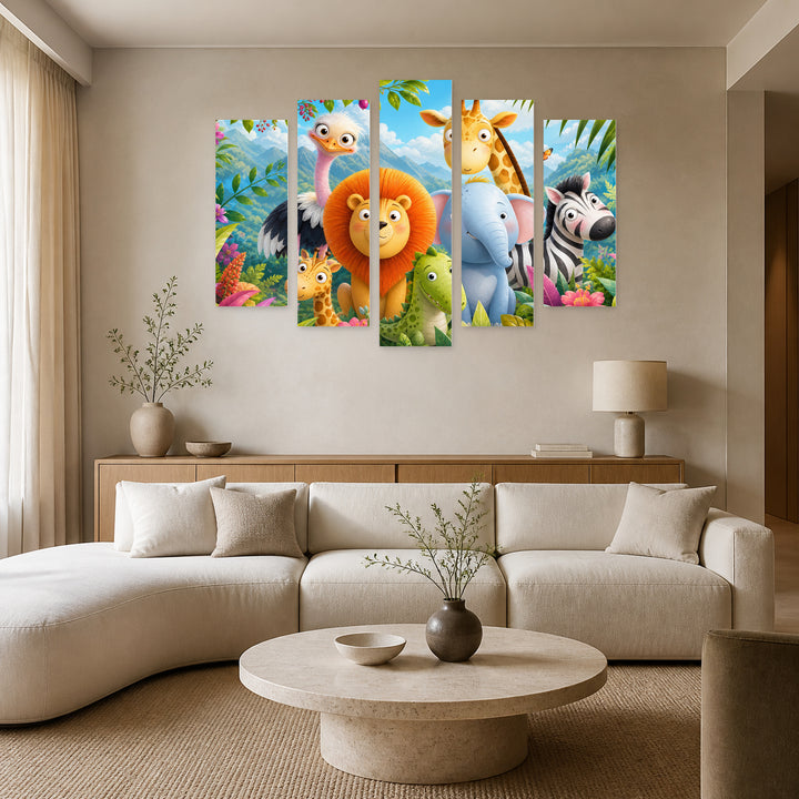 Animals in the African Jungle in Vivid Color — five-panel wall art in alternate frontal interior | 5wallart 55896 M4