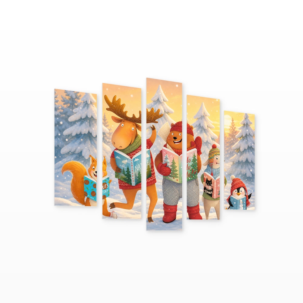 Animals in a Snowy Forest at Golden Sunset — five-panel wall art on white background in perspective | 5wallart 55897 M1