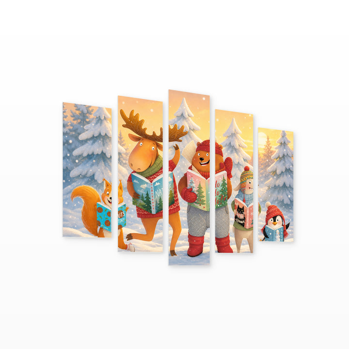 Animals in a Snowy Forest at Golden Sunset — five-panel wall art on white background in perspective | 5wallart 55897 M1