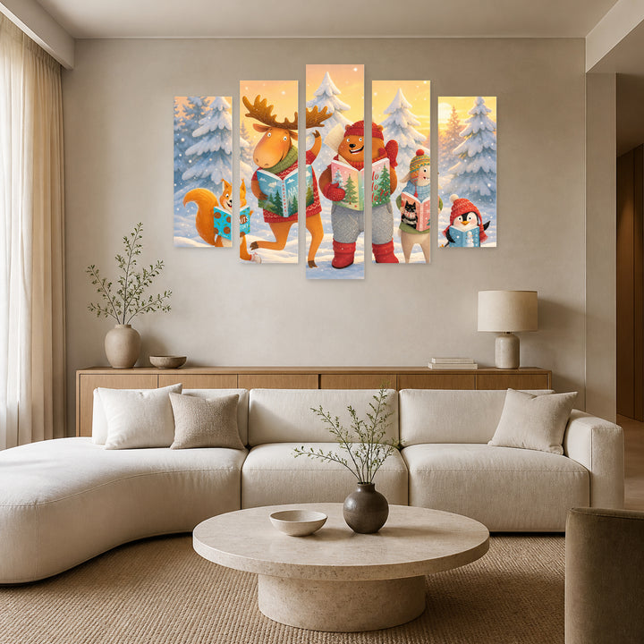 Animals in a Snowy Forest at Golden Sunset — five-panel wall art in frontal interior | 5wallart 55897 M3