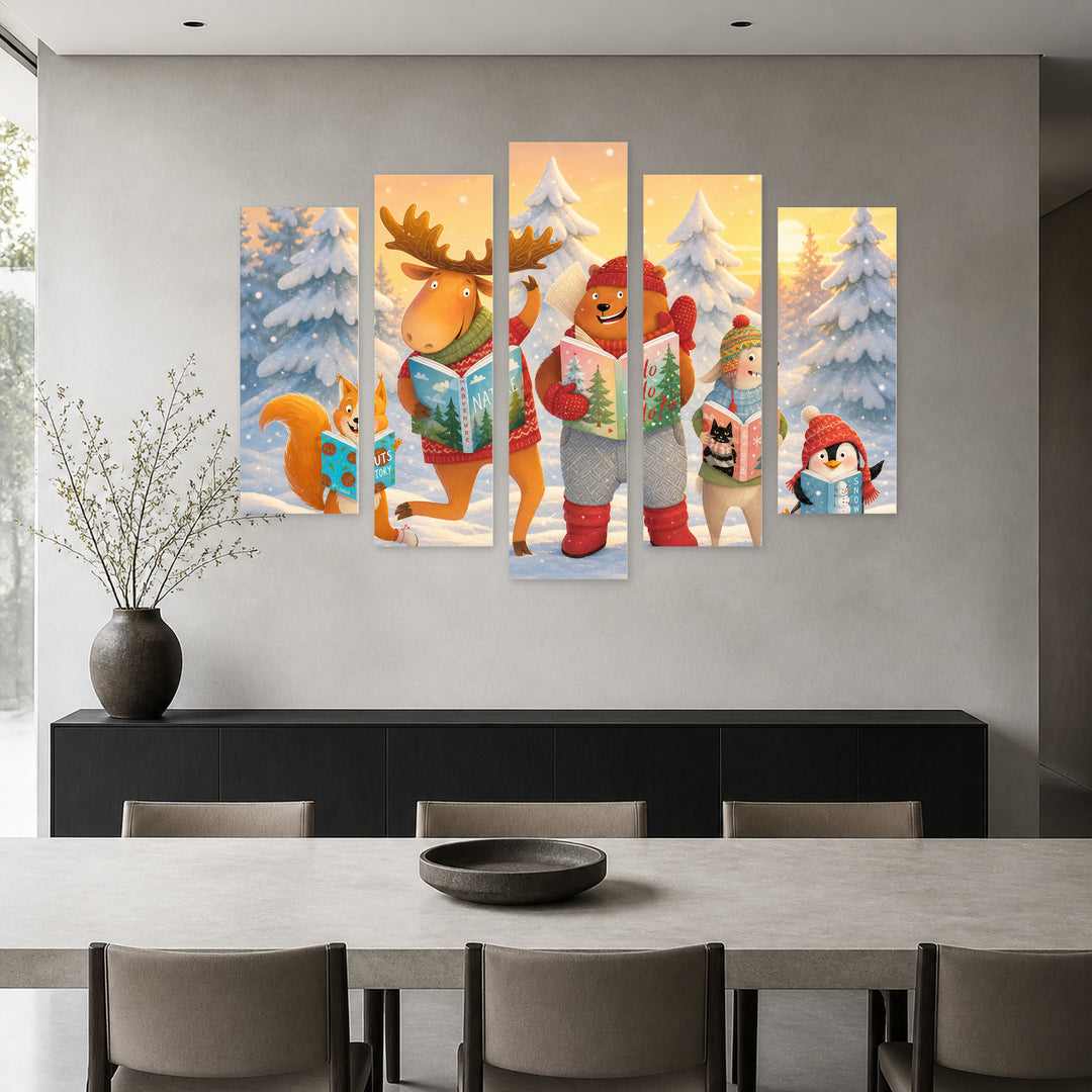 Animals in a Snowy Forest at Golden Sunset — five-panel wall art in alternate frontal interior | 5wallart 55897 M4