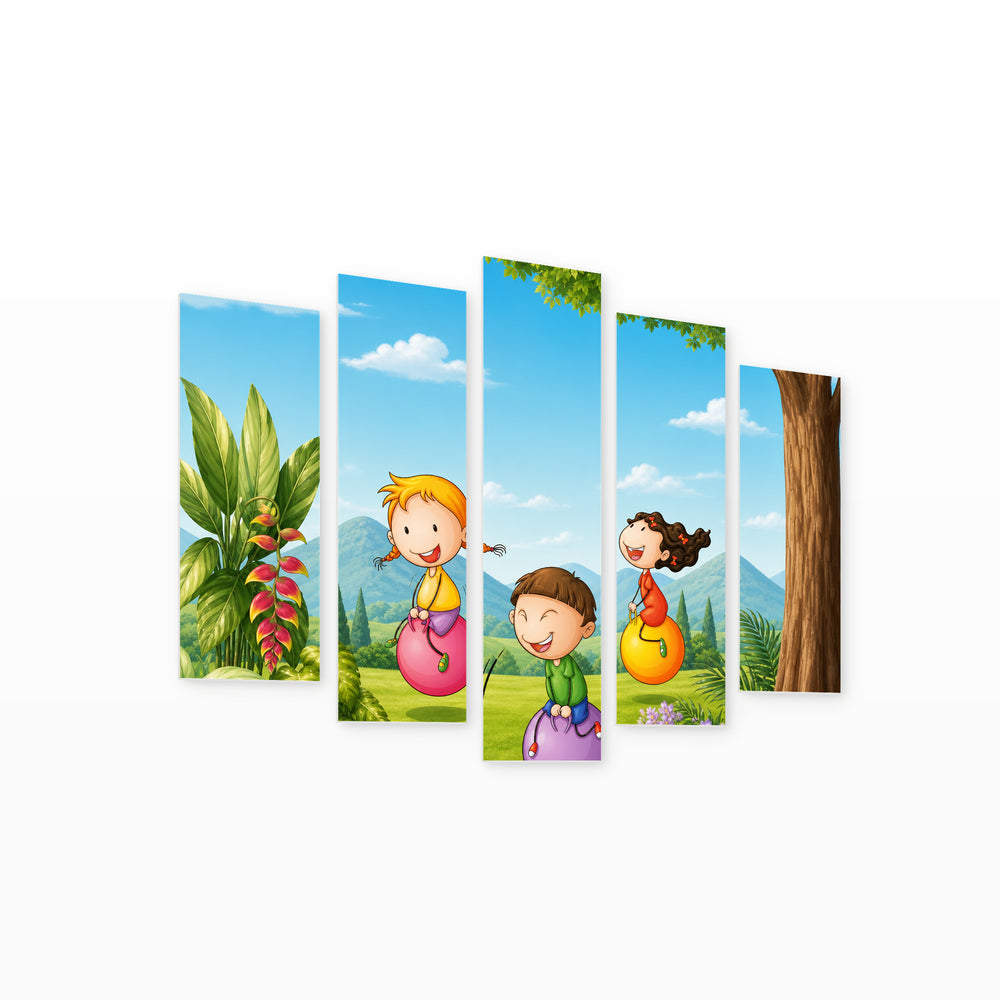 Children with Balloons Playful Illustration II — five-panel wall art on white background in perspective | 5wallart 55898 M1