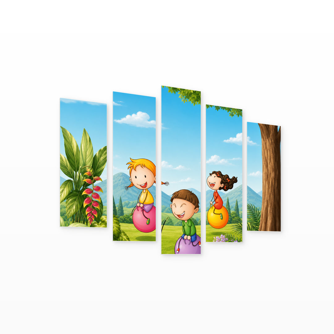 Children with Balloons Playful Illustration II — five-panel wall art on white background in perspective | 5wallart 55898 M1