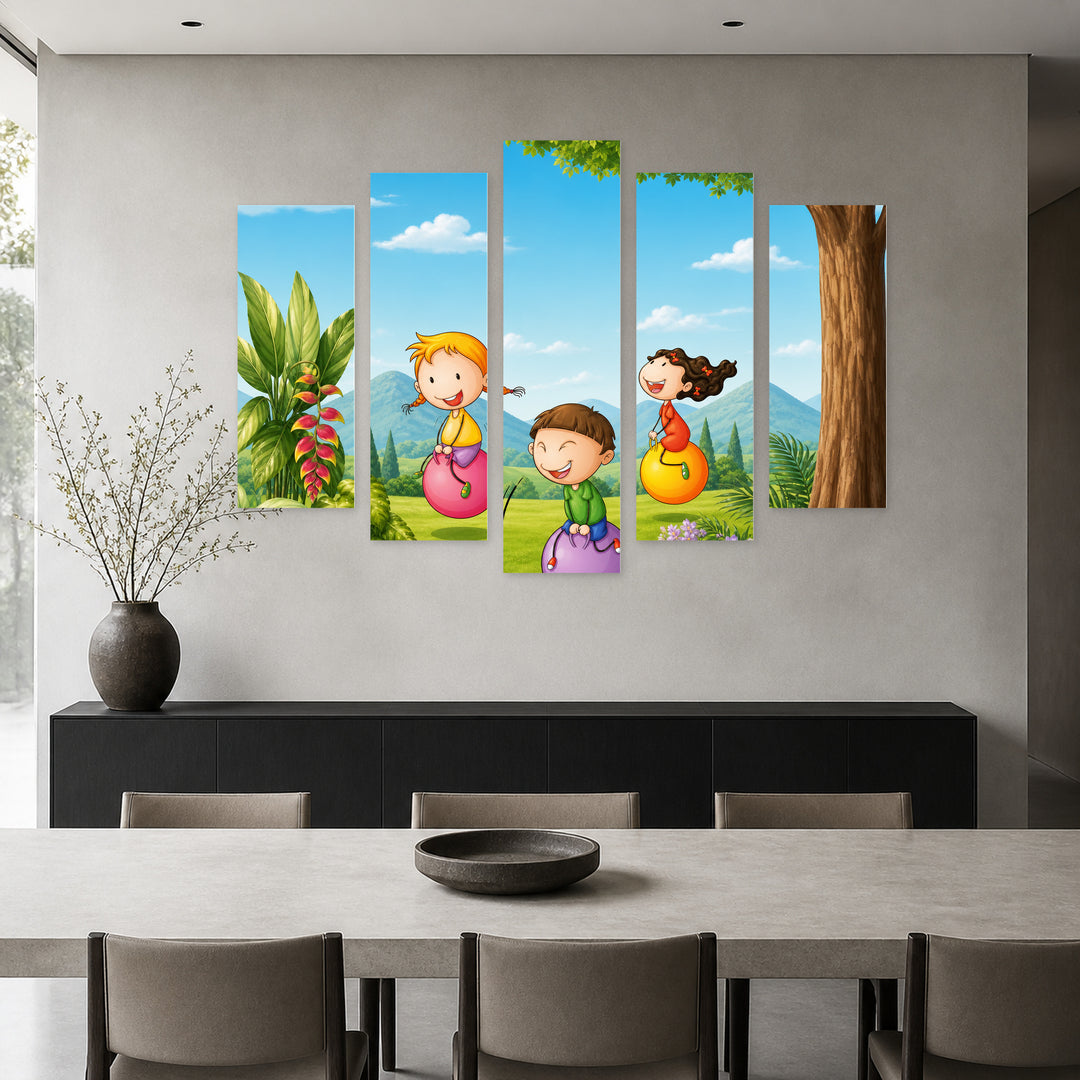 Children with Balloons Playful Illustration II — five-panel wall art in frontal interior | 5wallart 55898 M3