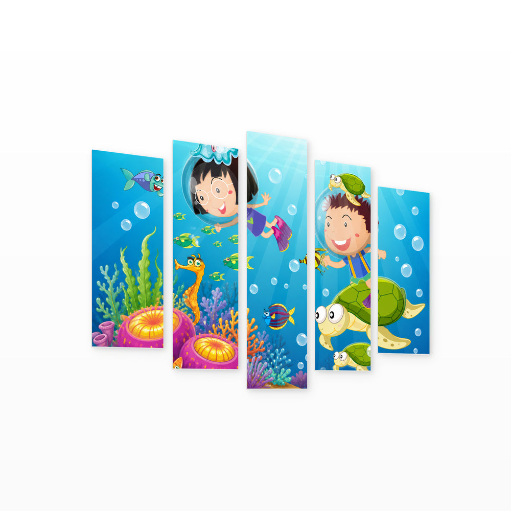 Children in the Sea World Playful Illustration — five-panel wall art on white background in perspective | 5wallart 55899 M1