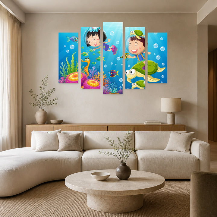 Children in the Sea World Playful Illustration — five-panel wall art in frontal interior | 5wallart 55899 M3