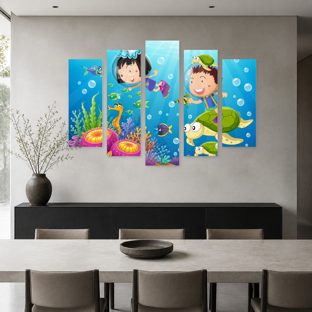 Children in the Sea World Playful Illustration — five-panel wall art in alternate frontal interior | 5wallart 55899 M4