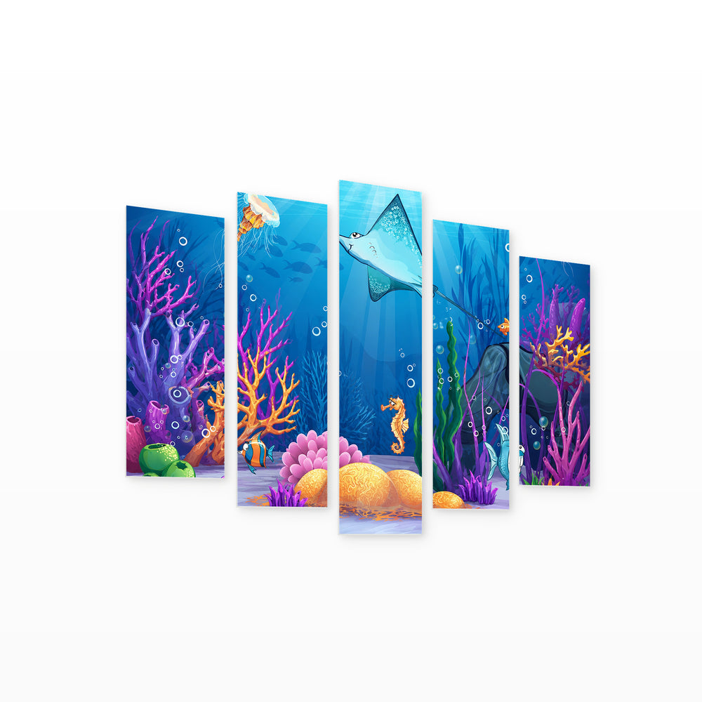 Underwater World in Serene Light — five-panel wall art on white background in perspective | 5wallart 55900 M1