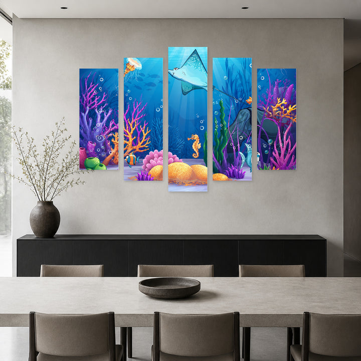 Underwater World in Serene Light — five-panel wall art in frontal interior | 5wallart 55900 M3