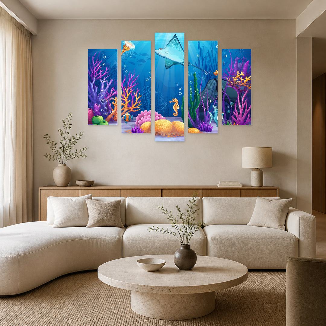 Underwater World in Serene Light — five-panel wall art in alternate frontal interior | 5wallart 55900 M4