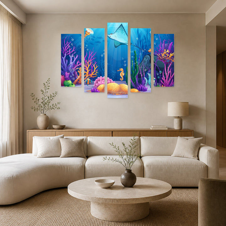 Underwater World in Serene Light — five-panel wall art in alternate frontal interior | 5wallart 55900 M4