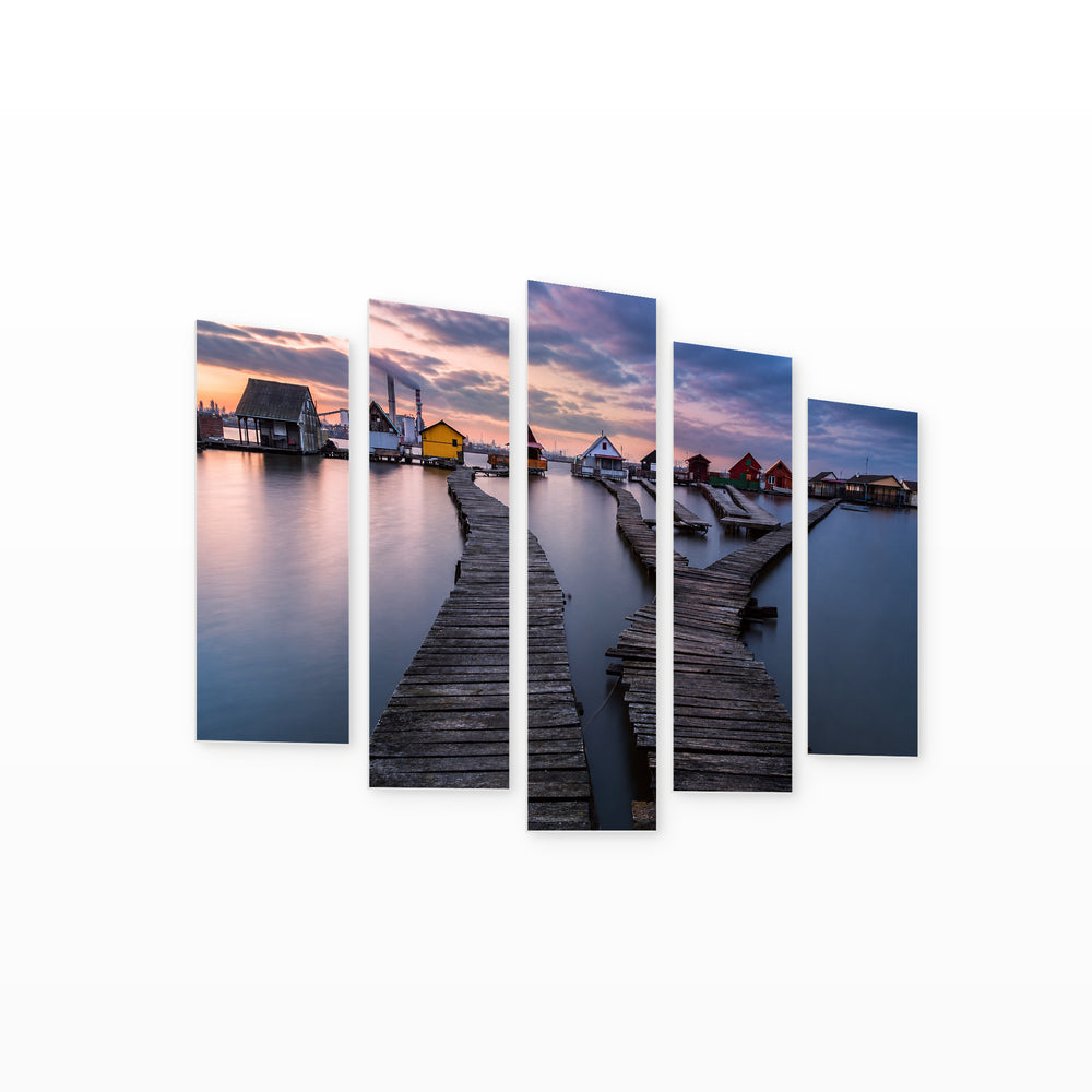 Lake Bokod Sunset Glow — five-panel wall art on white background in perspective | 5wallart 55902 M1