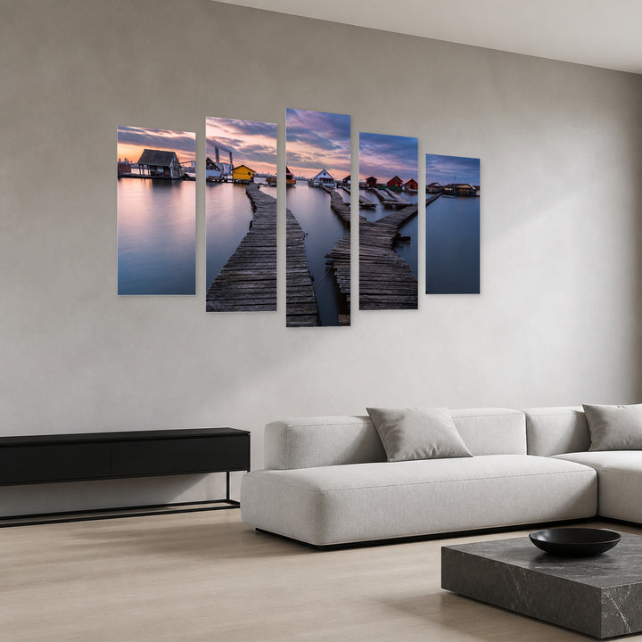 Lake Bokod Sunset Glow — five-panel wall art in perspective interior | 5wallart 55902 M2