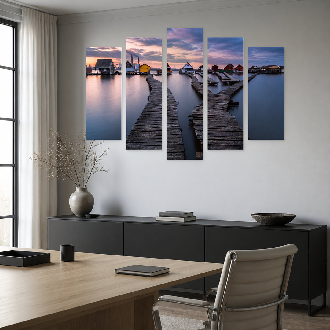 Lake Bokod Sunset Glow — five-panel wall art in frontal interior | 5wallart 55902 M3